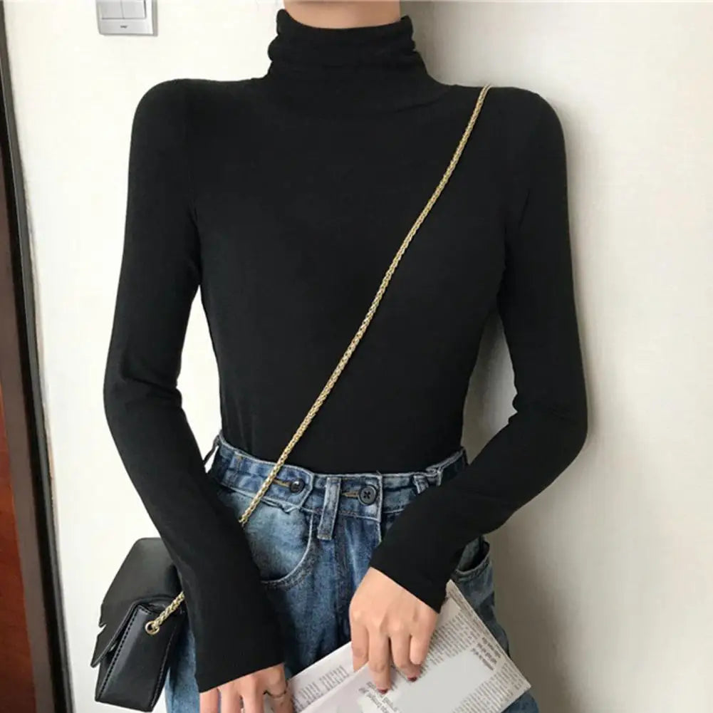 Elegant High Collar Long Sleeve Thermal Sweater - Women's Slim-fit Solid Color Pullover Top