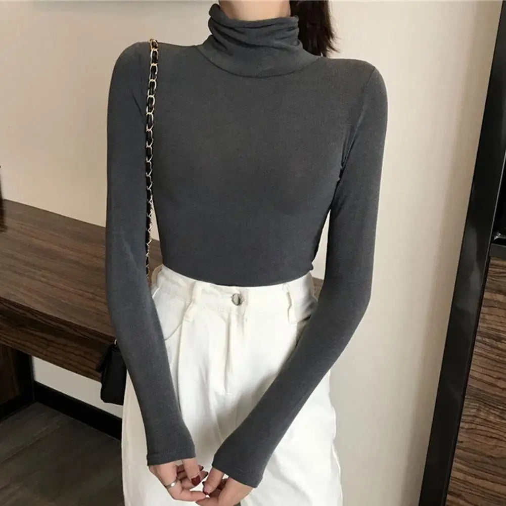 Elegant High Collar Long Sleeve Thermal Sweater - Women's Slim-fit Solid Color Pullover Top