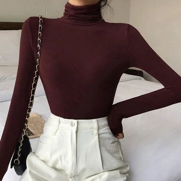 Elegant High Collar Long Sleeve Thermal Sweater - Women's Slim-fit Solid Color Pullover Top