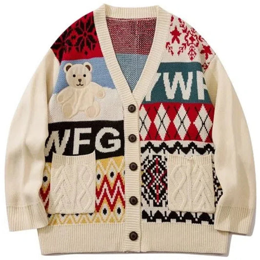 Bear Embroidery Cardigan Sweater - Vintage-Inspired Japanese Style Knitwear for Men & Women