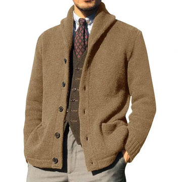 Elegant Men's Knitted Coat with Lapel - Long Sleeve, Thickened Cardigan with Pockets