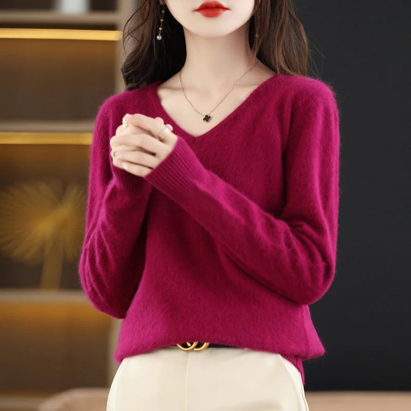 Luxurious Mink Velvet V-Neck Pullover Sweater for Women - Casual Yet Chic Large Size Knitwear