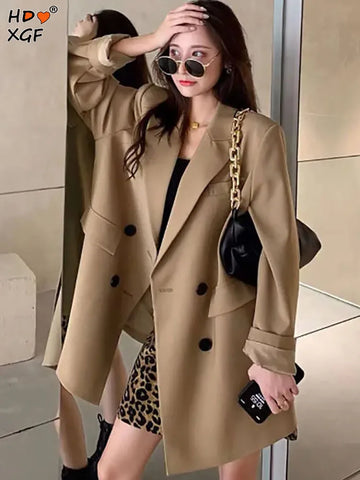 Casual Plus Size Khaki Women Suit Blazer - Double-Breasted Buckle Lapel Loose Jacket for the Fashion-Forward Office Lady