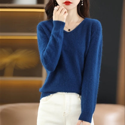 Luxurious Mink Velvet V-Neck Pullover Sweater for Women - Casual Yet Chic Large Size Knitwear