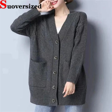 Chic Mid-Length Knit Cardigan Coat - Korean Mom Knitwear, Casual Loose Gilet with Long Sleeves