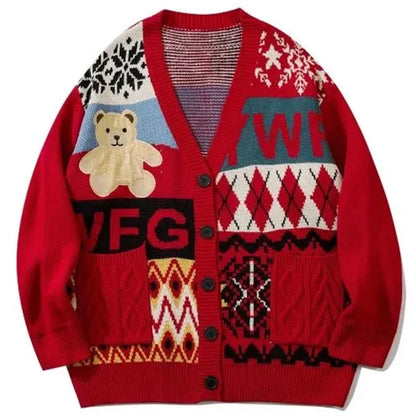 Bear Embroidery Cardigan Sweater - Vintage-Inspired Japanese Style Knitwear for Men & Women