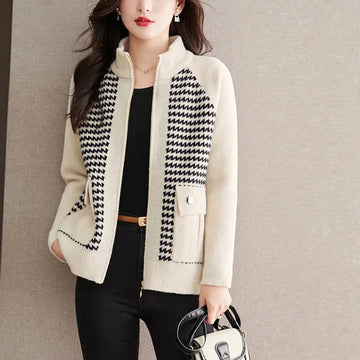 Chic Spring Autumn Baseball Coat for Women - Thickened Casual Sweater with Zipper and Turtleneck