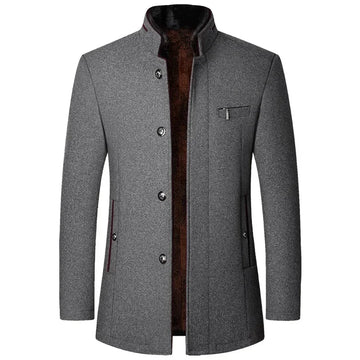 Elegant Woolen Trench Coat with Cashmere Blend and Stand-up Collar - Business Casual Jacket for Modern Professionals