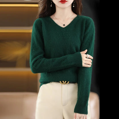 Luxurious Mink Velvet V-Neck Pullover Sweater for Women - Casual Yet Chic Large Size Knitwear