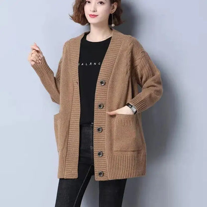 Chic Mid-Length Knit Cardigan Coat - Korean Mom Knitwear, Casual Loose Gilet with Long Sleeves