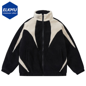 Vintage Color Block Winter Plush Jacket - Cozy Fleece Lambswool Parka for Chic Streetwear