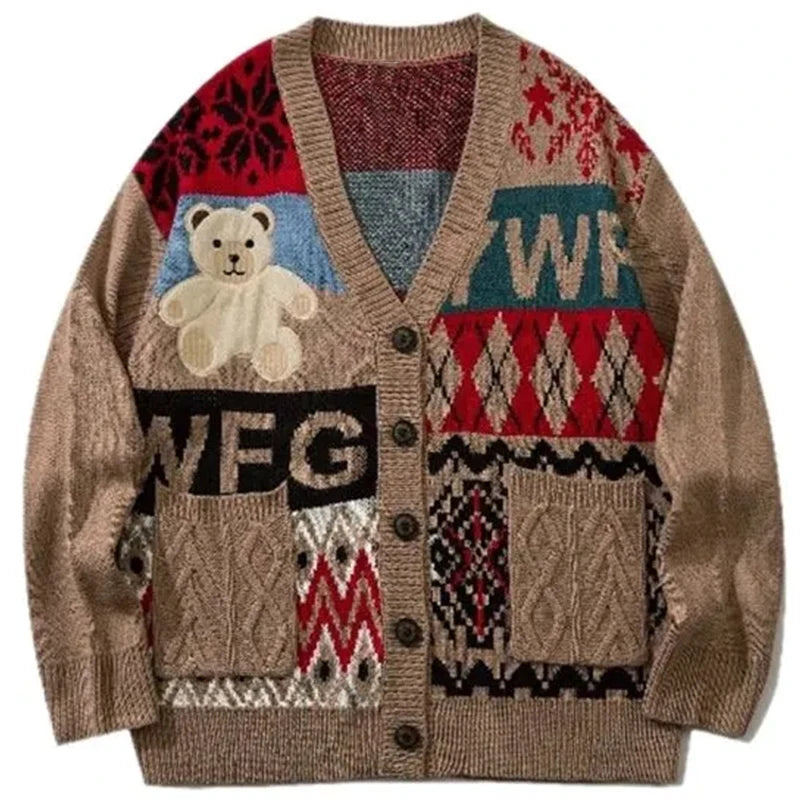 Bear Embroidery Cardigan Sweater - Vintage-Inspired Japanese Style Knitwear for Men & Women