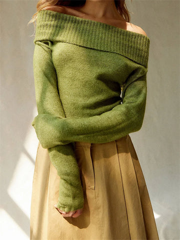 Women's Spring Fall Knitted Sweater Top - Solid Color Long Sleeve Off Shoulder Slash Neck Ribbed Slim Knitwear Jumper