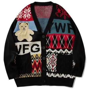 Bear Embroidery Cardigan Sweater - Vintage-Inspired Japanese Style Knitwear for Men & Women