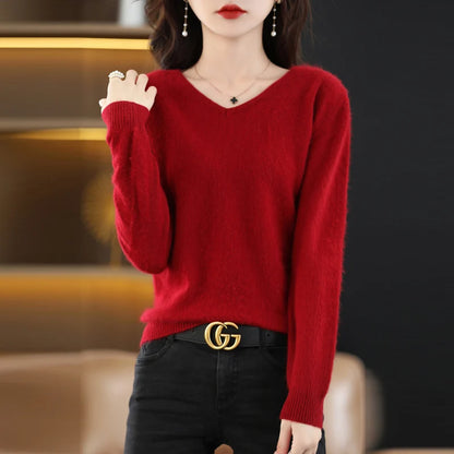 Luxurious Mink Velvet V-Neck Pullover Sweater for Women - Casual Yet Chic Large Size Knitwear