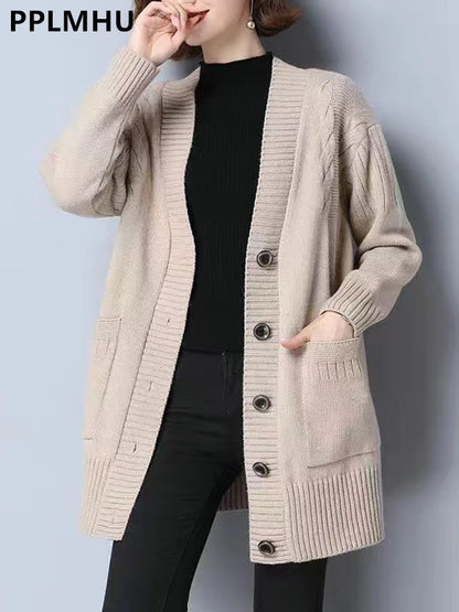 Chic Mid-Length Knit Cardigan Coat - Korean Mom Knitwear, Casual Loose Gilet with Long Sleeves