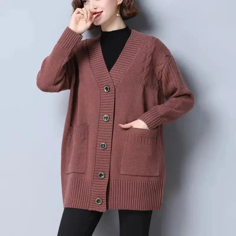 Chic Mid-Length Knit Cardigan Coat - Korean Mom Knitwear, Casual Loose Gilet with Long Sleeves